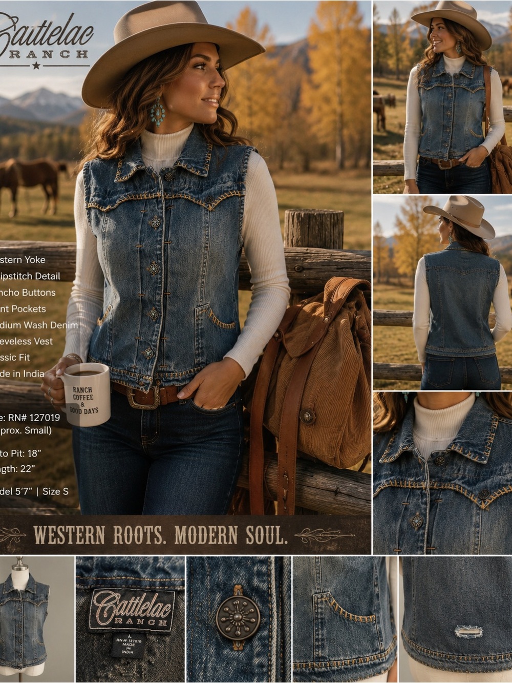 VTG Cattlelac Ranch Western Denim Vest Whipstitch Concho Button Cowboy Size L